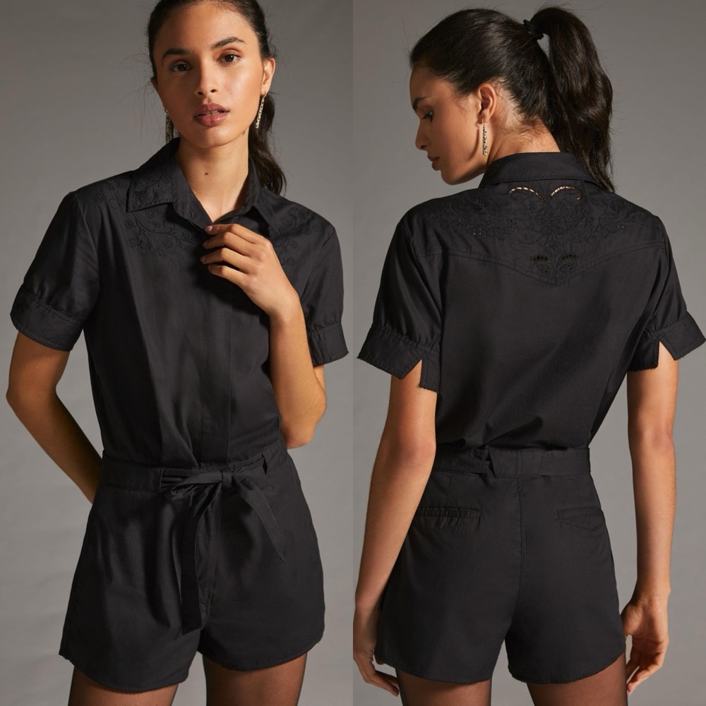 rag & bone Surplus Cotton Embroidered Belted Romper Black Size 8 NEW